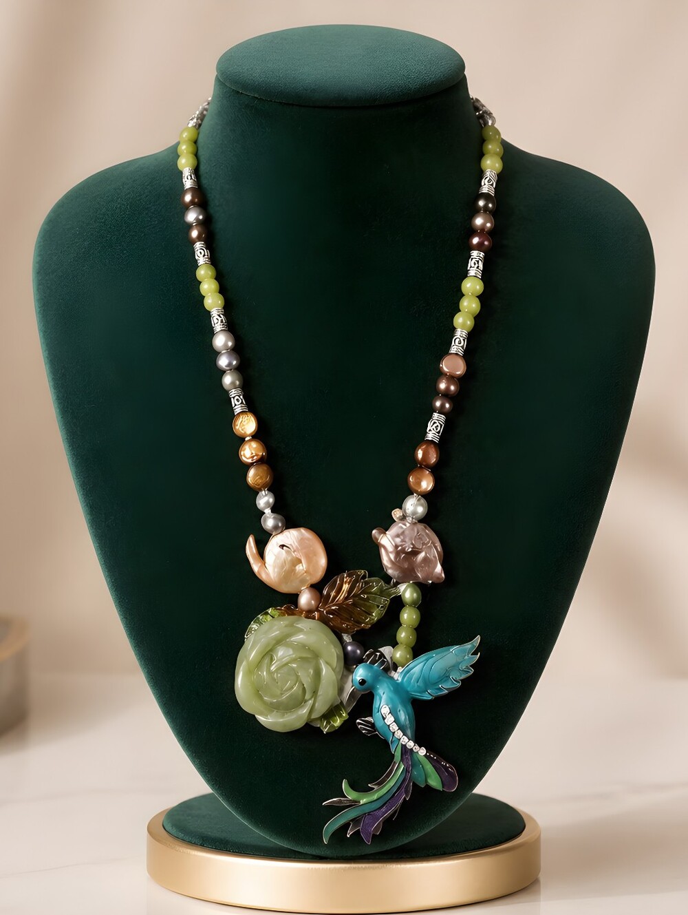 NWOT Pearls And Green Jade Rose And Teal Necklace Statement Piece